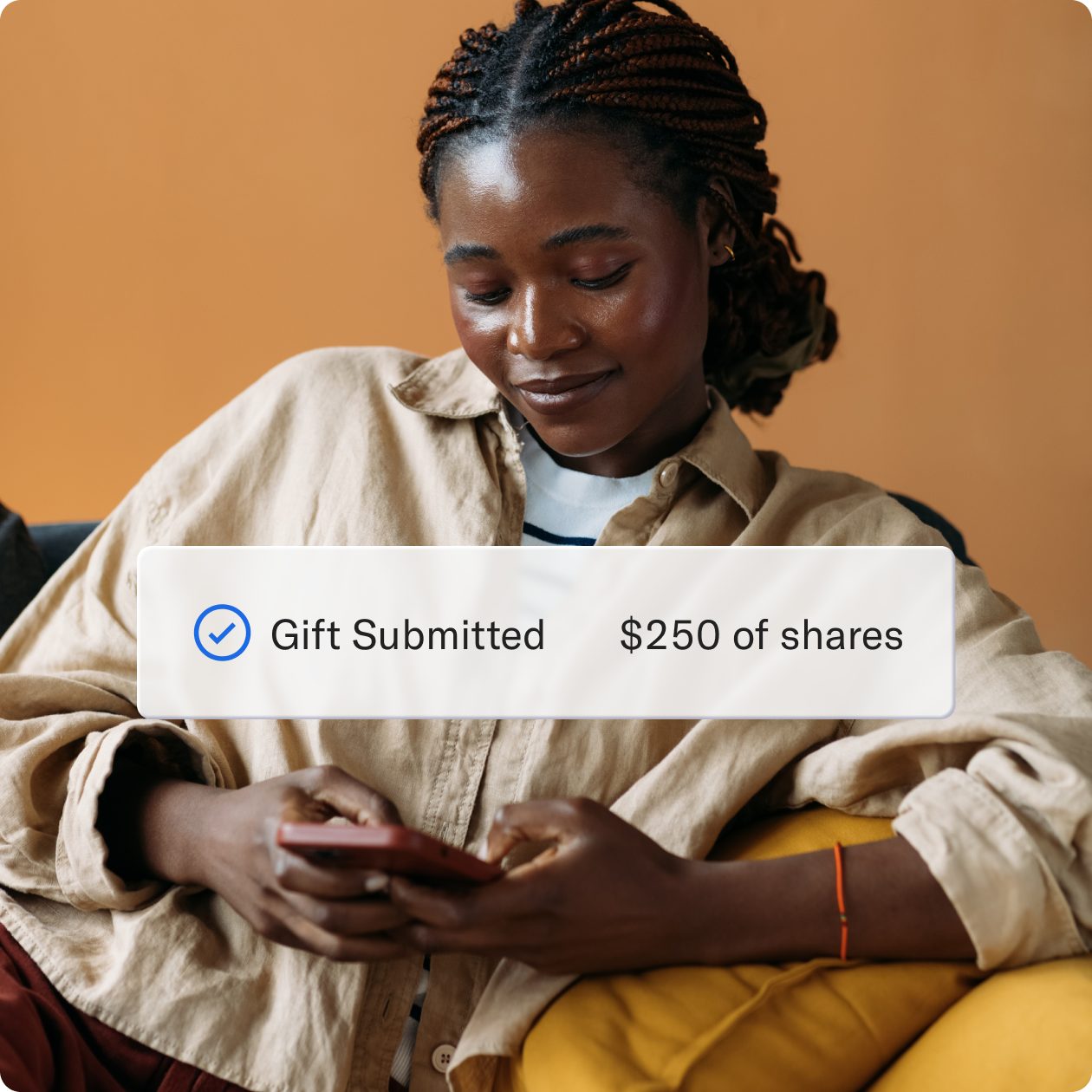 Girl looking at her betterment investing account showing gift submitted of $250