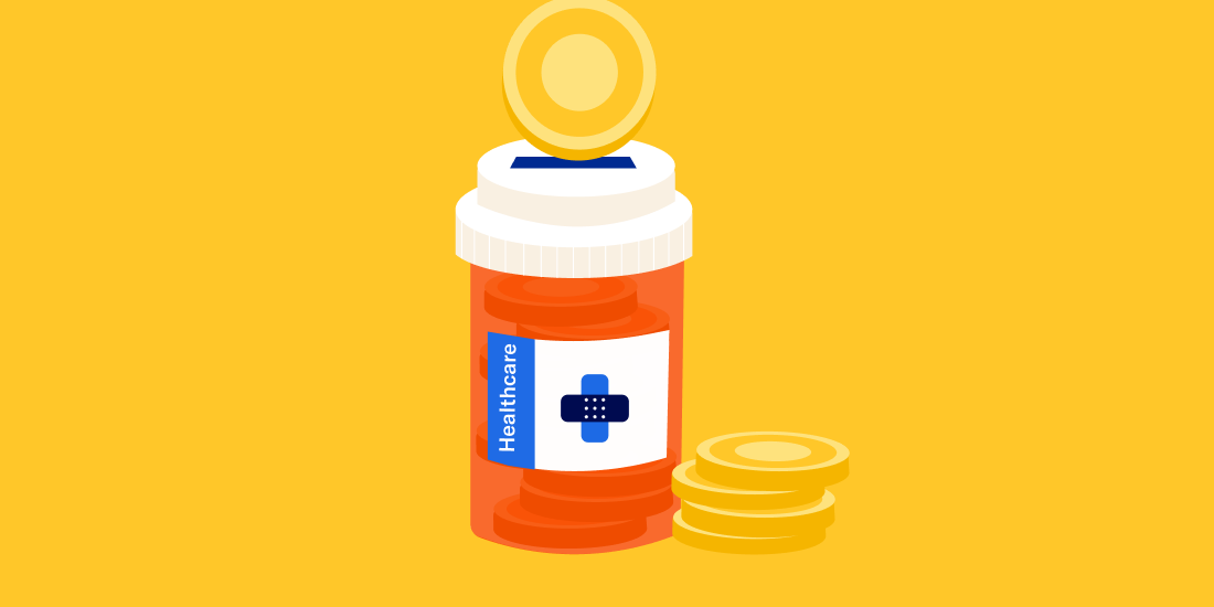 Coins going into a medication bottle. 